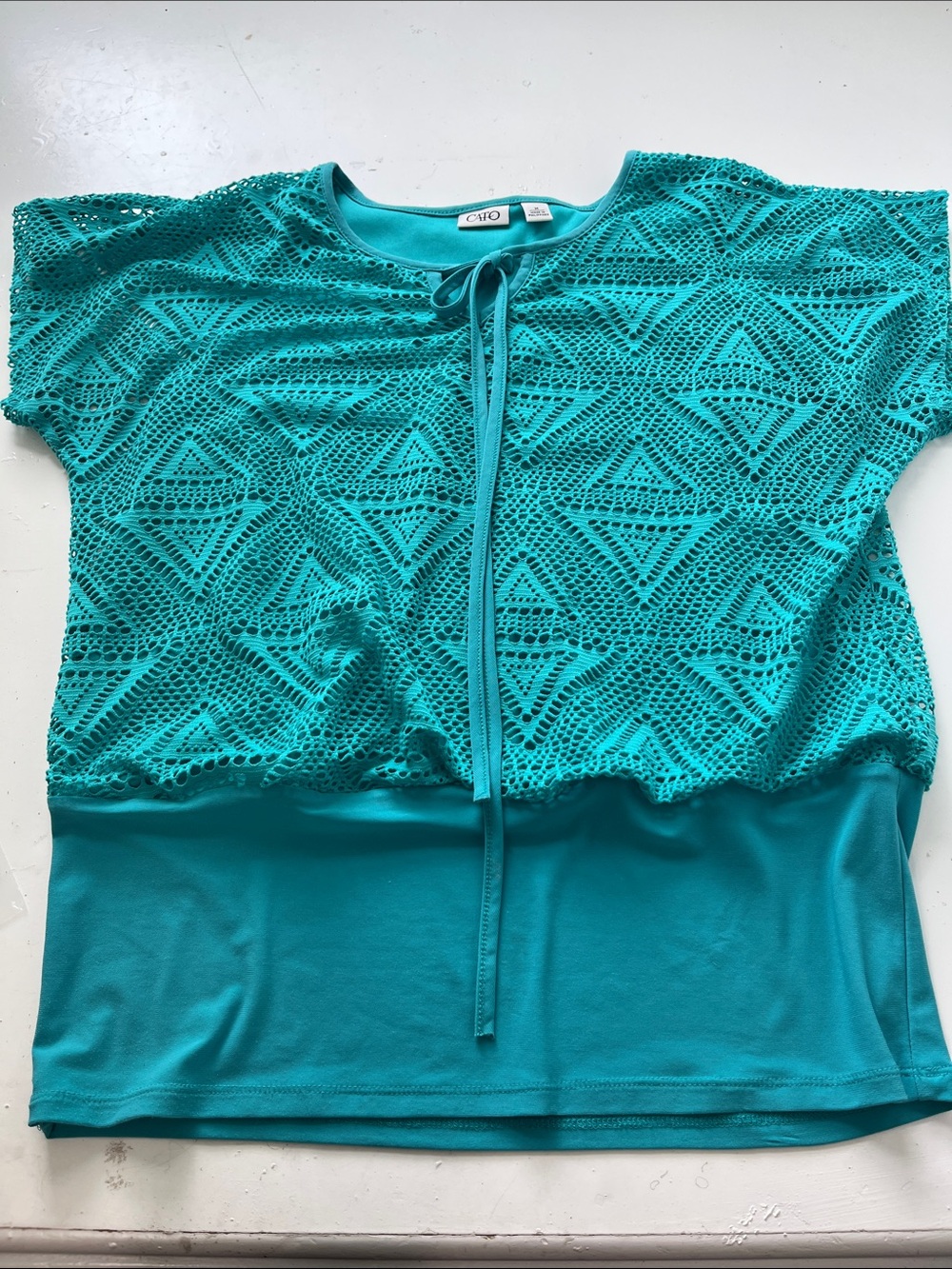 Cato Medium Teal Short Sleeve Layered Crochet Style Blouse